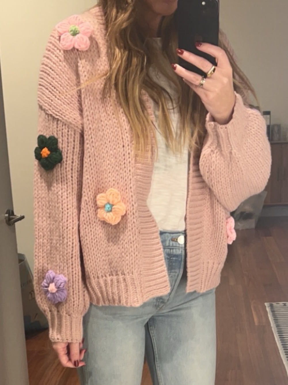 Anthropologie Blush Pink Chunky Knit Cardigan with Floral Appliqués